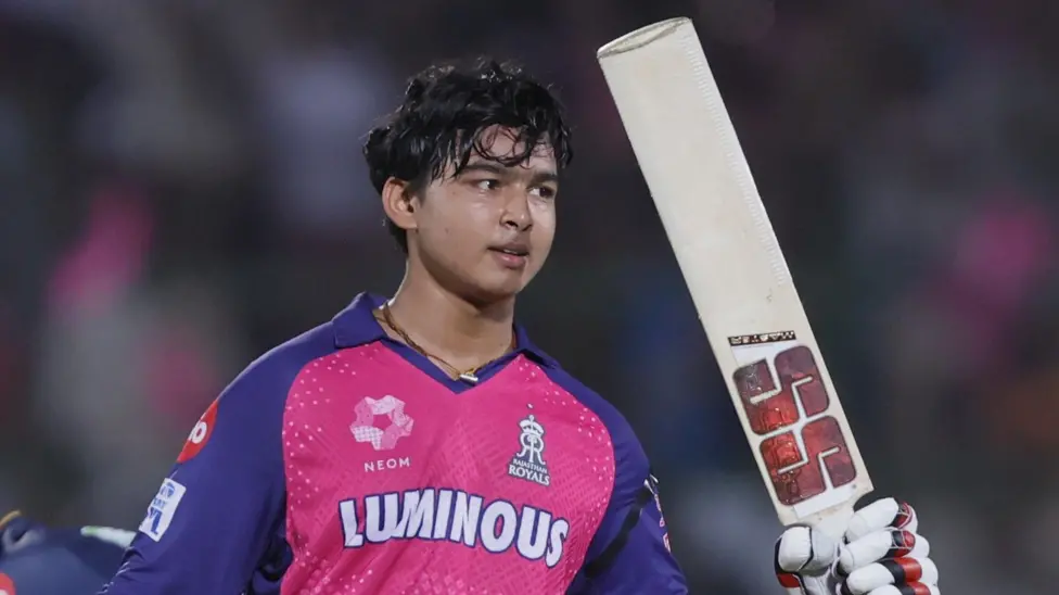 Vaibhav Suryavanshi celebrating after reaching his century