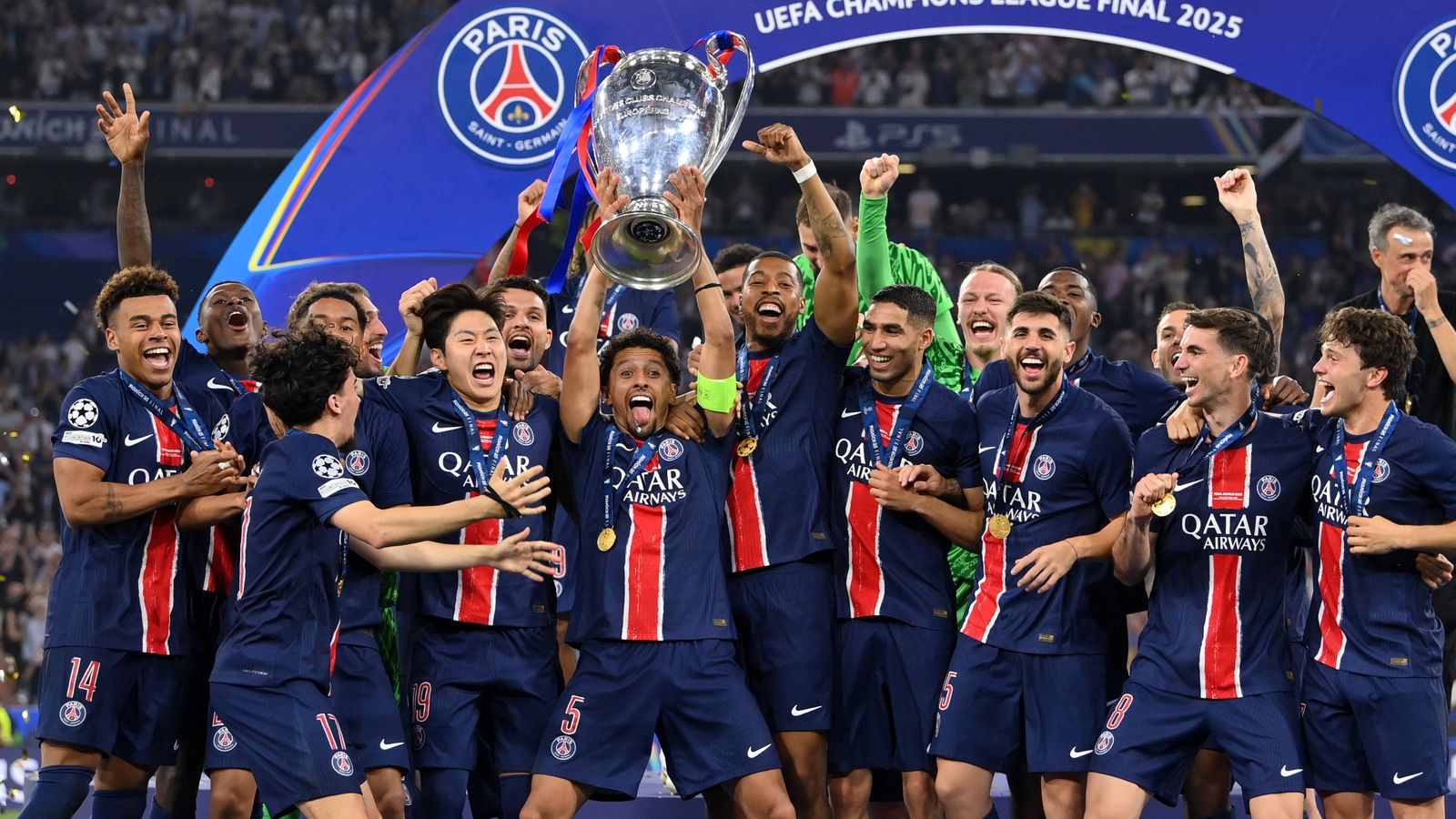 Paris Saint-Germain players celebrating Champions League victory at Allianz Arena